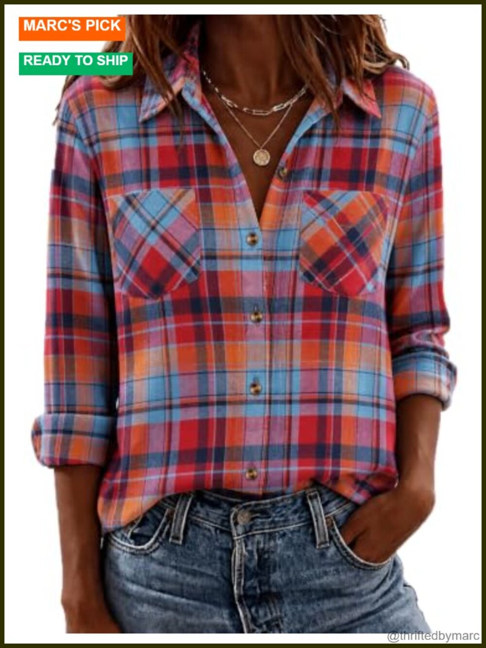Flannel Plaid Button Down Shirt for Women | Long Sleeve Work Blouse - Picture 1 of 6